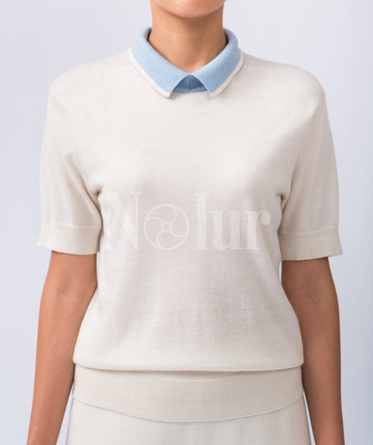 Silk and Cashmere Blended Short Sleeve Contrast Collar Polo Shirt