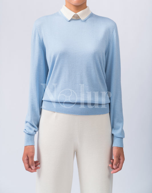 Silk and Cashmere Blended Contrast Collar Long Sleeve Polo Shirt