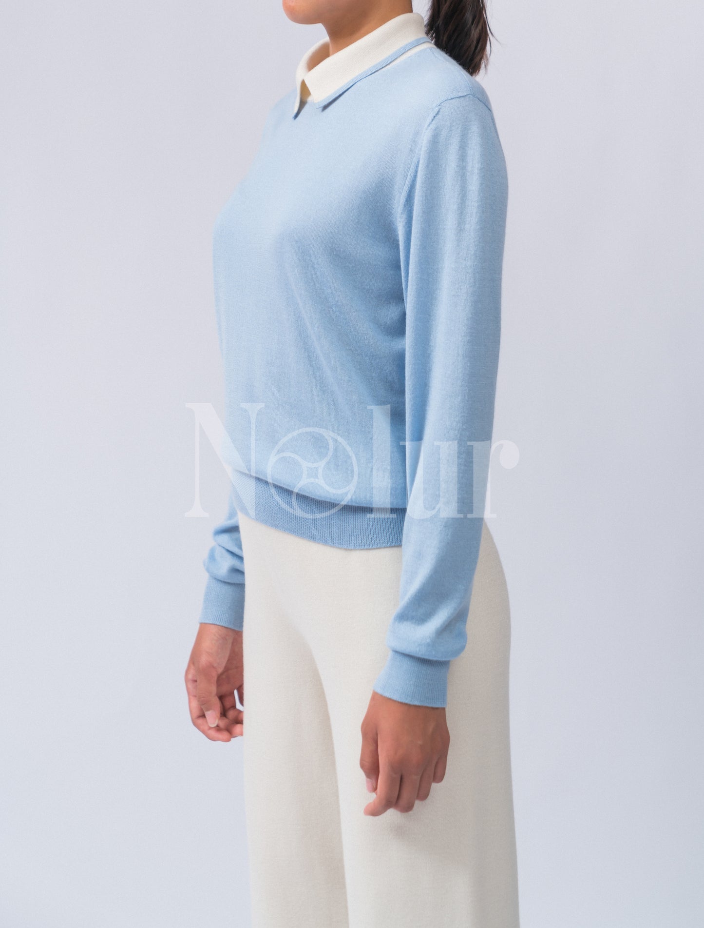 Silk and Cashmere Blended Contrast Collar Long Sleeve Polo Shirt