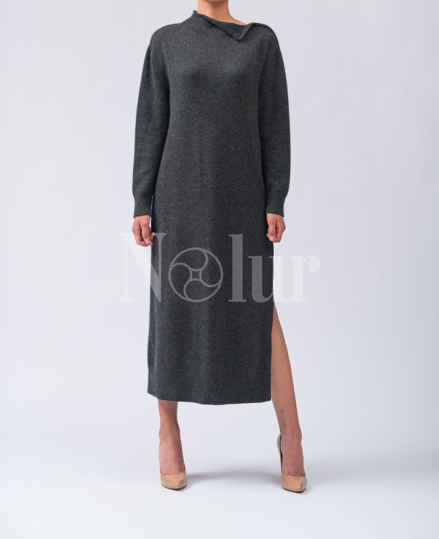 Pure Cashmere Dress with Slits and Metal Zips